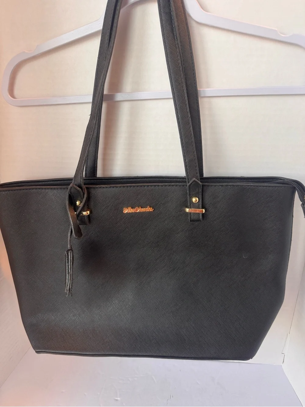 Ella Charles Black Saffiano Tote Bag Gold Hardware Shoulder Bag